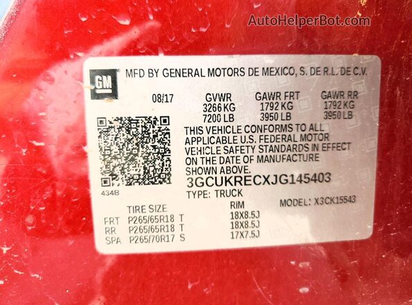 3GCUKRECXJG145403 2018 CHEVROLET SILVERADO Красный Вид наклейки с VIN-кодом