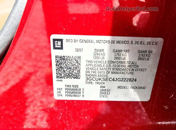 3GCUKSEC4JG222824 2018 CHEVROLET SILVERADO Red VIN sticker view