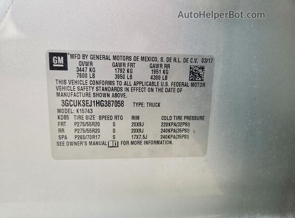 3GCUKSEJ1HG387058 2017 CHEVROLET SILVERADO Серебряный Вид подкапотного пространства