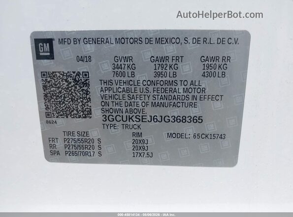 3GCUKSEJ6JG368365 2018 CHEVROLET SILVERADO White Շարժիչի բաժամունքի տեսք
