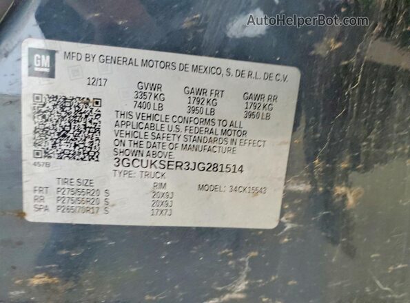 3GCUKSER3JG281514 2018 CHEVROLET SILVERADO Gray Շարժիչի բաժամունքի տեսք
