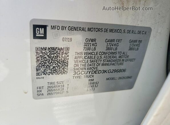 3GCUYDED3KG296806 2019 CHEVROLET SILVERADO White Vista del compartimento del motor
