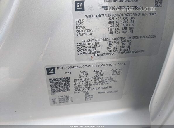 3GCUYDED4LG205639 2020 CHEVROLET SILVERADO Серебряный Вид подкапотного пространства