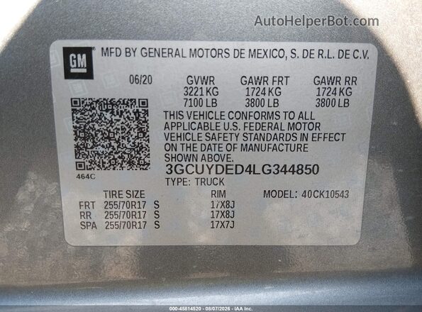 3GCUYDED4LG344850 2020 CHEVROLET SILVERADO Серый Вид подкапотного пространства
