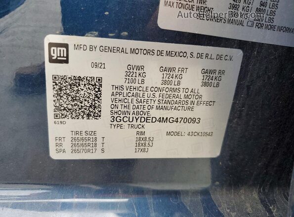 3GCUYDED4MG470093 2021 CHEVROLET SILVERADO Blue Vista del compartimento del motor
