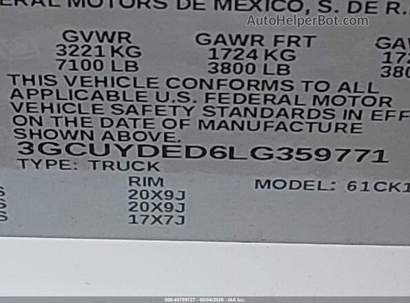 3GCUYDED6LG359771 2020 CHEVROLET SILVERADO Белый Вид подкапотного пространства