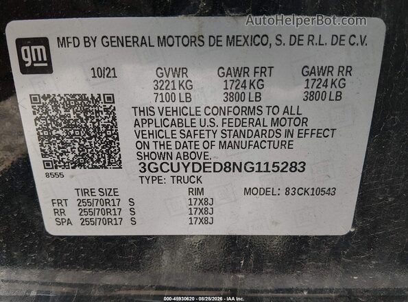 3GCUYDED8NG115283 2022 CHEVROLET SILVERADO Black Շարժիչի բաժամունքի տեսք