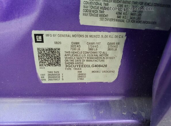 3GCUYEED1LG408428 2020 CHEVROLET SILVERADO Purple Engine compartment view