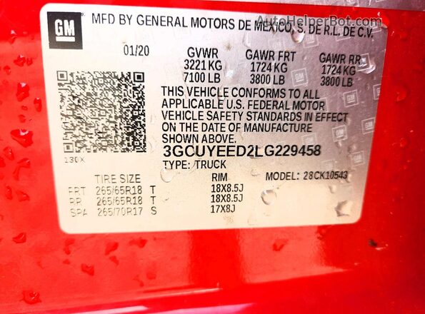 3GCUYEED2LG229458 2020 CHEVROLET SILVERADO Red VIN sticker view