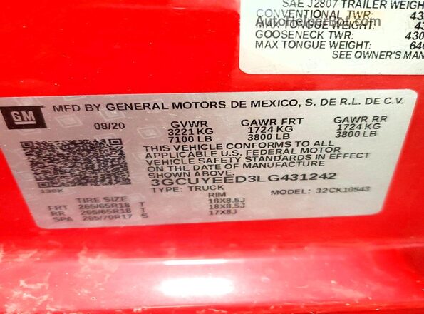 3GCUYEED3LG431242 2020 CHEVROLET SILVERADO Red VIN կոդի պիտակի տեսք