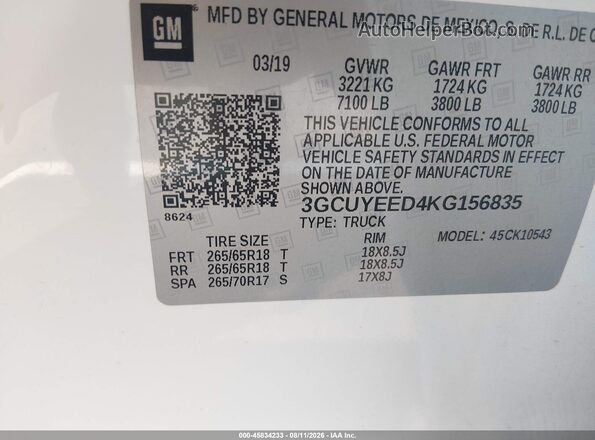 3GCUYEED4KG156835 2019 CHEVROLET SILVERADO Белый Вид подкапотного пространства