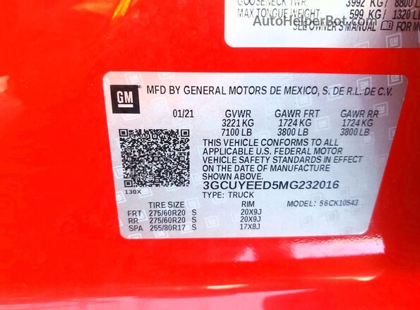 3GCUYEED5MG232016 2021 CHEVROLET SILVERADO Red Widok naklejki z numerem VIN
