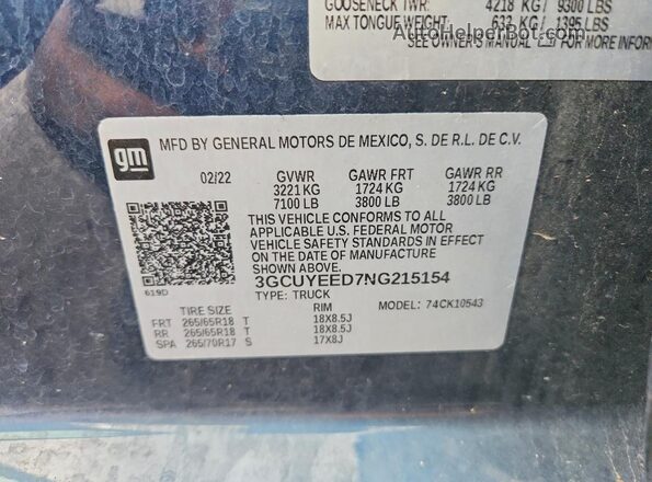 3GCUYEED7NG215154 2022 CHEVROLET SILVERADO Blue Вид наклейки з VIN-кодом