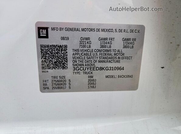 3GCUYEED8KG310964 2019 CHEVROLET SILVERADO White Вид підкапотного простору