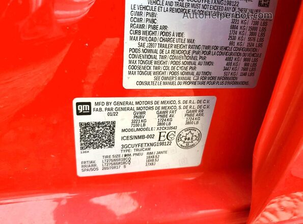 3GCUYFETXNG198122 2022 CHEVROLET SILVERADO Red Vista del compartimento del motor