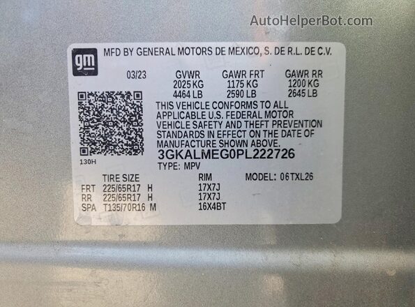 3GKALMEG0PL222726 2023 GMC TERRAIN Gray Вид наклейки з VIN-кодом