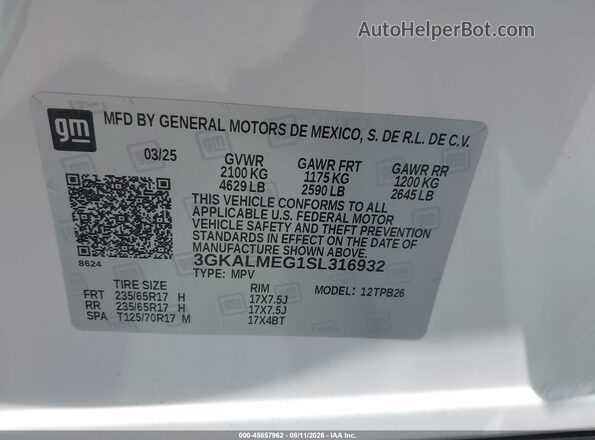 3GKALMEG1SL316932 2025 GMC TERRAIN White Widok komory silnika
