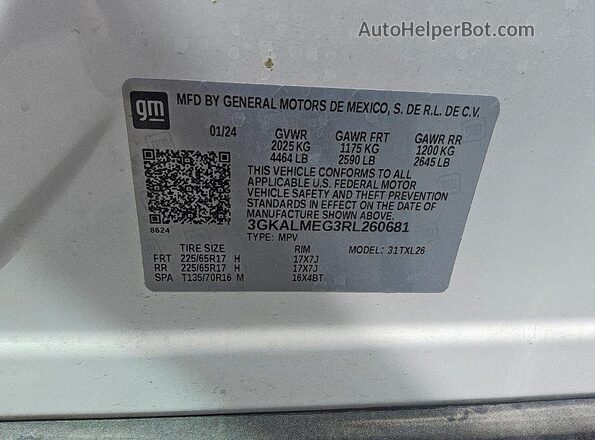 3GKALMEG3RL260681 2024 GMC TERRAIN White VIN კოდის სტიკერის ხედი