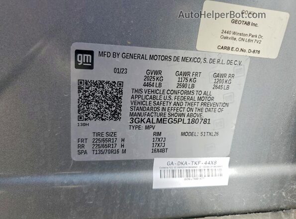 3GKALMEG5PL180781 2023 GMC TERRAIN Gray VIN კოდის სტიკერის ხედი