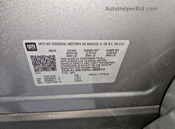 3GKALMEG5RL389974 2024 GMC TERRAIN Gray VIN კოდის სტიკერის ხედი