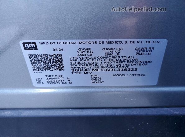 3GKALMEG6RL316323 2024 GMC TERRAIN Gray Widok naklejki z numerem VIN