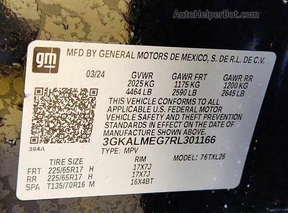 3GKALMEG7RL301166 2024 GMC TERRAIN Black VIN კოდის სტიკერის ხედი