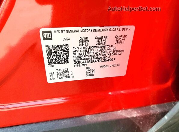 3GKALMEG7RL354997 2024 GMC TERRAIN Red Widok naklejki z numerem VIN