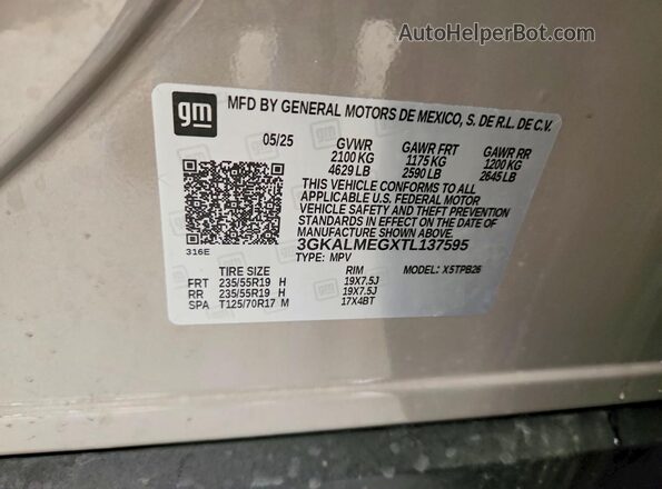 3GKALMEGXTL137595 2026 GMC TERRAIN Gray VIN კოდის სტიკერის ხედი