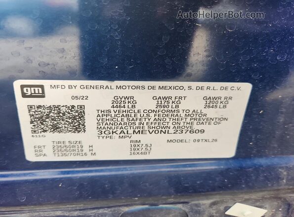 3GKALMEV0NL237609 2022 GMC TERRAIN Синий Вид наклейки с VIN-кодом