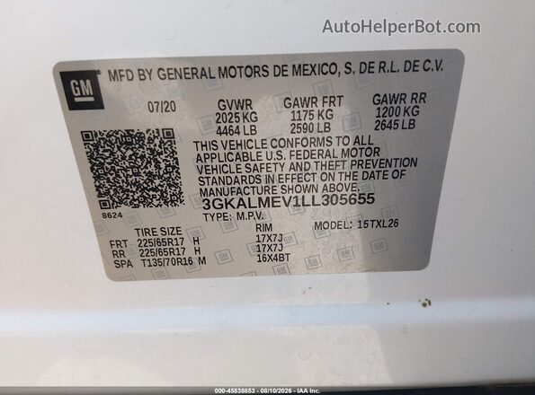 3GKALMEV1LL305655 2020 GMC TERRAIN White Вид підкапотного простору