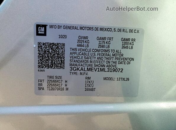 3GKALMEV1ML319072 2021 GMC TERRAIN Silver Vista de la etiqueta del VIN