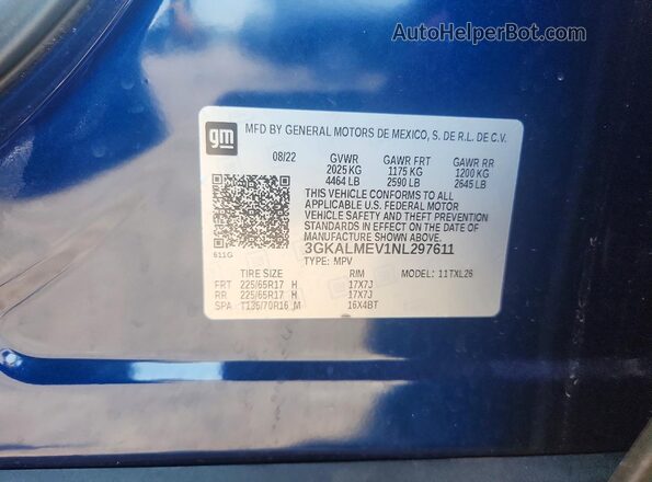 3GKALMEV1NL297611 2022 GMC TERRAIN Blue Widok wnętrza 360 stopni