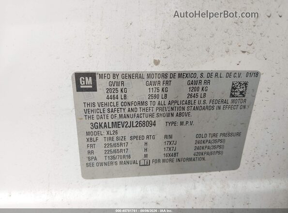 3GKALMEV2JL268094 2018 GMC TERRAIN White Շարժիչի բաժամունքի տեսք