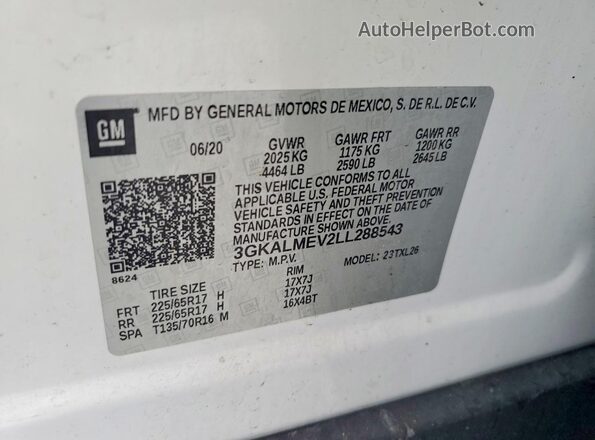 3GKALMEV2LL288543 2020 GMC TERRAIN Белый Вид наклейки с VIN-кодом