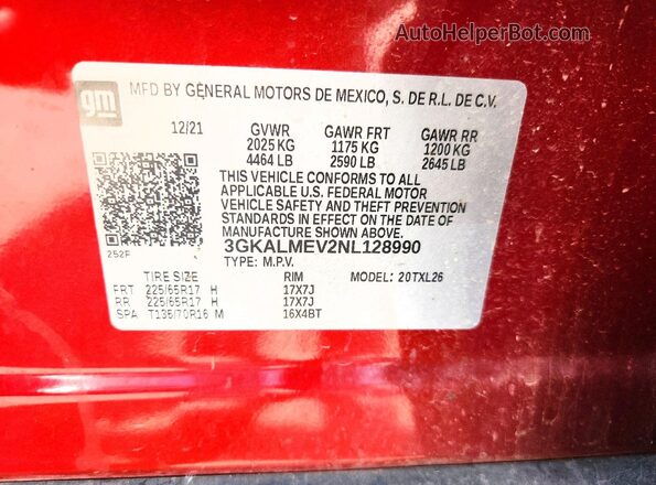 3GKALMEV2NL128990 2022 GMC TERRAIN Red Vista de la etiqueta del VIN
