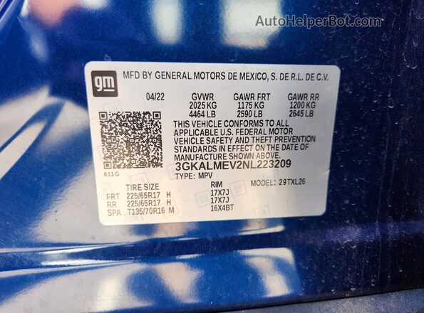 3GKALMEV2NL223209 2022 GMC TERRAIN Blue Vista interior de 360 grados