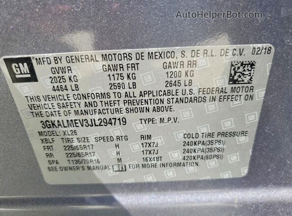 3GKALMEV3JL294719 2018 GMC TERRAIN Silver VIN կոդի պիտակի տեսք