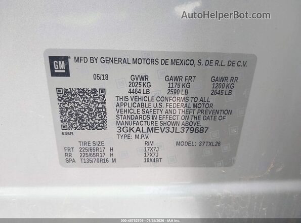 3GKALMEV3JL379687 2018 GMC TERRAIN Silver Вид підкапотного простору