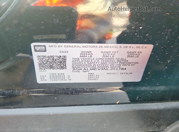 3GKALMEV3NL201784 2022 GMC TERRAIN Black Вид наклейки з VIN-кодом