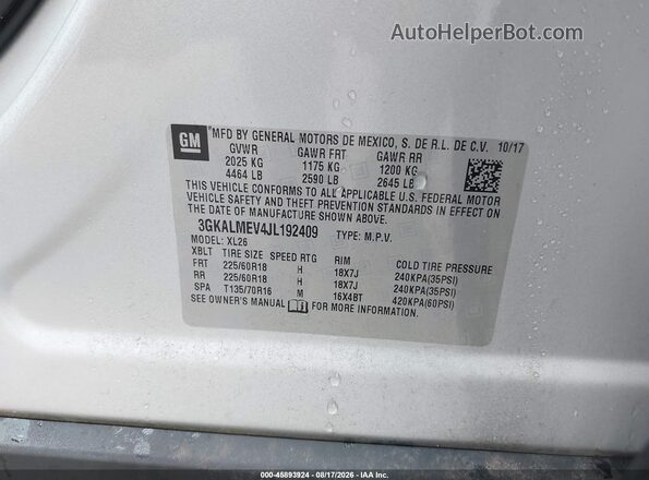 3GKALMEV4JL192409 2018 GMC TERRAIN Silver Vista del compartimento del motor