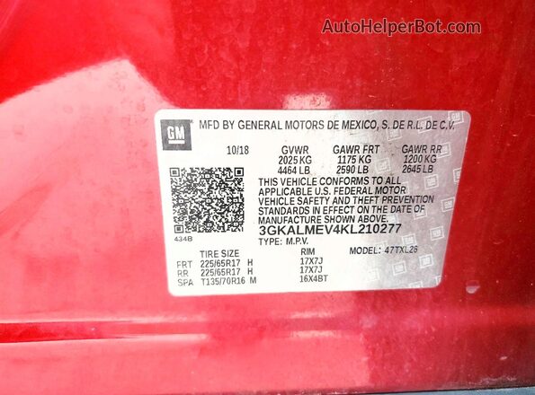 3GKALMEV4KL210277 2019 GMC TERRAIN Бордовый Вид наклейки с VIN-кодом