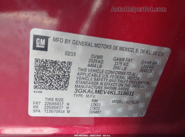 3GKALMEV4KL318611 2019 GMC TERRAIN Red Vista del compartimento del motor