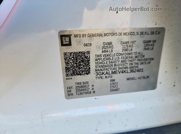 3GKALMEV4KL362401 2019 GMC TERRAIN White Вид наклейки з VIN-кодом