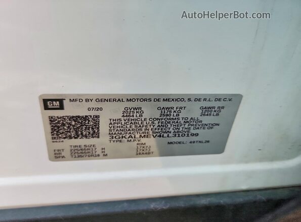 3GKALMEV4LL310199 2020 GMC TERRAIN White Вид наклейки з VIN-кодом