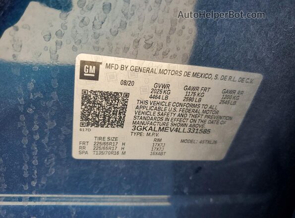 3GKALMEV4LL331585 2020 GMC TERRAIN Blue VIN კოდის სტიკერის ხედი