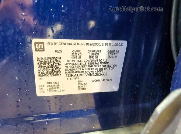 3GKALMEV4NL252663 2022 GMC TERRAIN Синий Вид наклейки с VIN-кодом