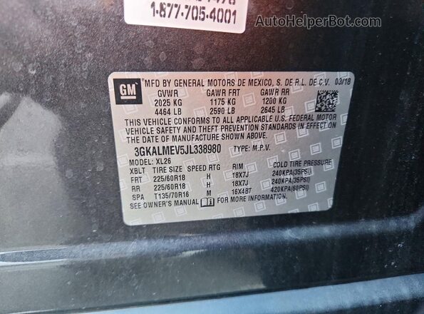 3GKALMEV5JL338980 2018 GMC TERRAIN Gray VIN კოდის სტიკერის ხედი