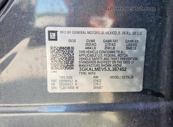 3GKALMEV5JL387452 2018 GMC TERRAIN Gray VIN կոդի պիտակի տեսք