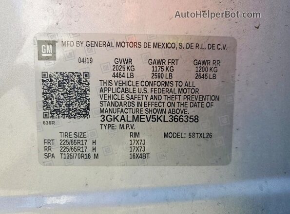 3GKALMEV5KL366358 2019 GMC TERRAIN Silver Vista interior de 360 grados