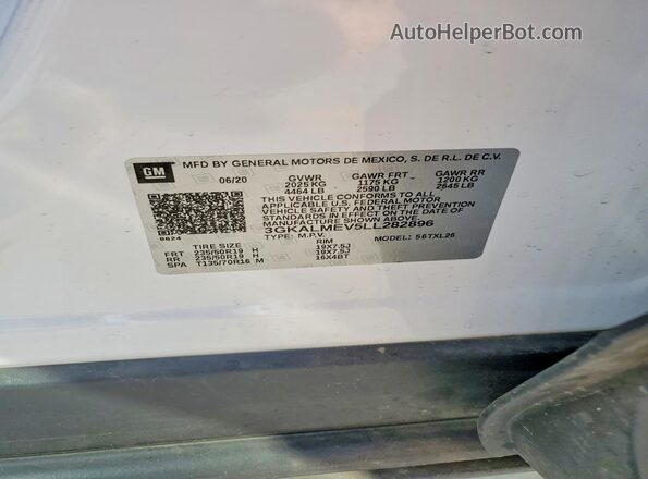 3GKALMEV5LL282896 2020 GMC TERRAIN White Вид наклейки з VIN-кодом